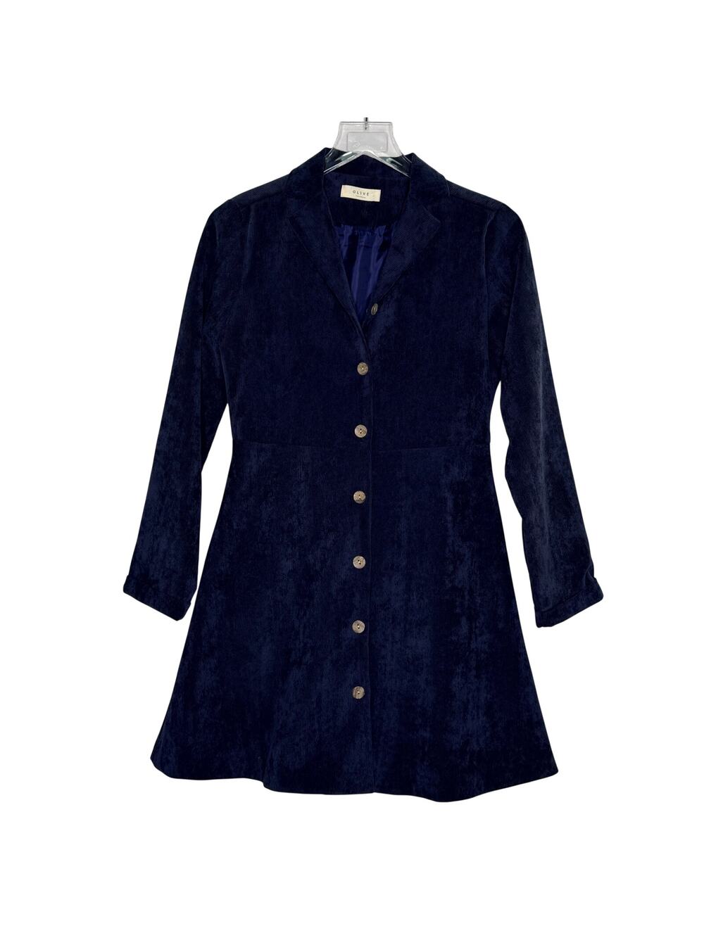 Olive Clothing Navy Button Front Fit Flare Corduroy Dress S 100% Cotton